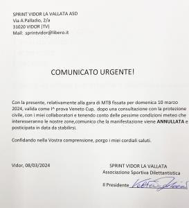 LA GARA DI VIDOR 10/3 È ANNULLATA CAUSA METEO